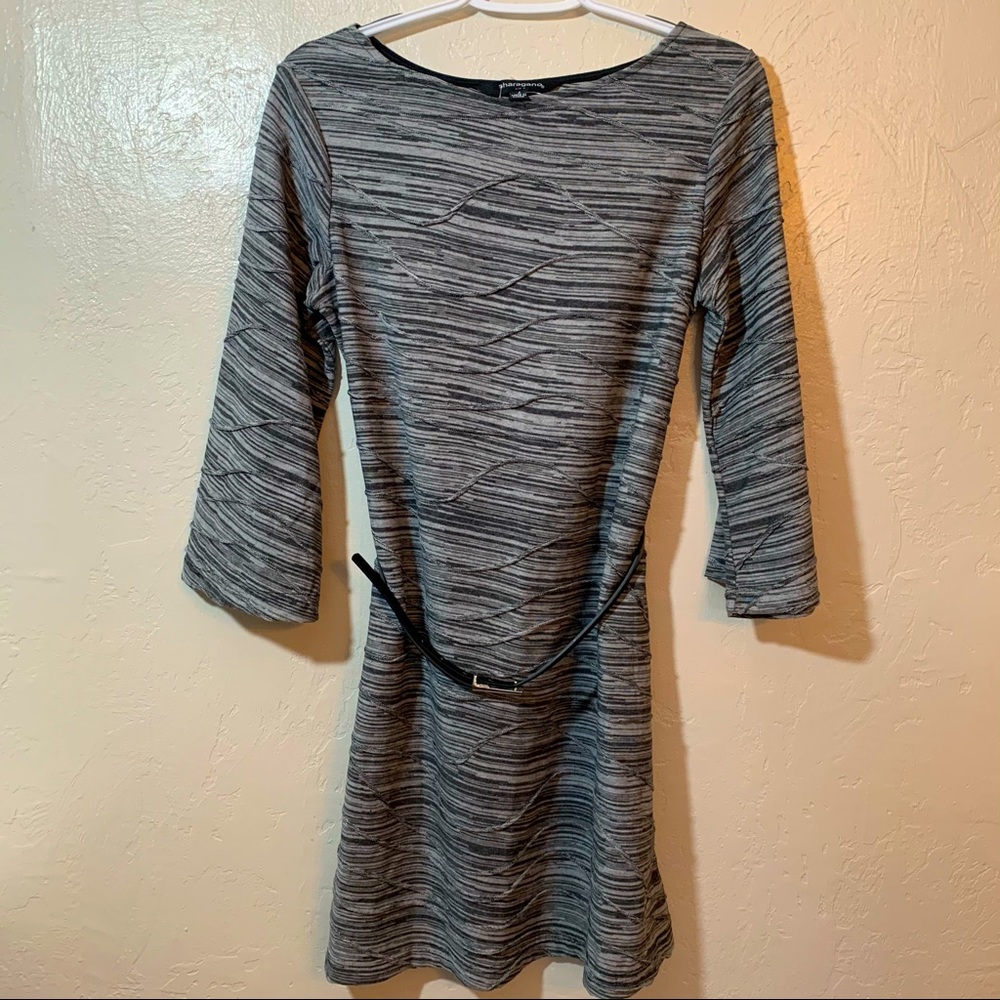 NWT Sharagano Size 4 Bell Sleeve Boatneck Stripped Belted Dress